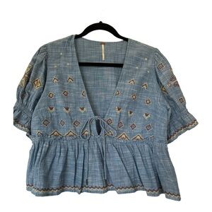 Free People Tallulah Chambray Embroidered Boho Cotton Deep V Blouse Blue Size M